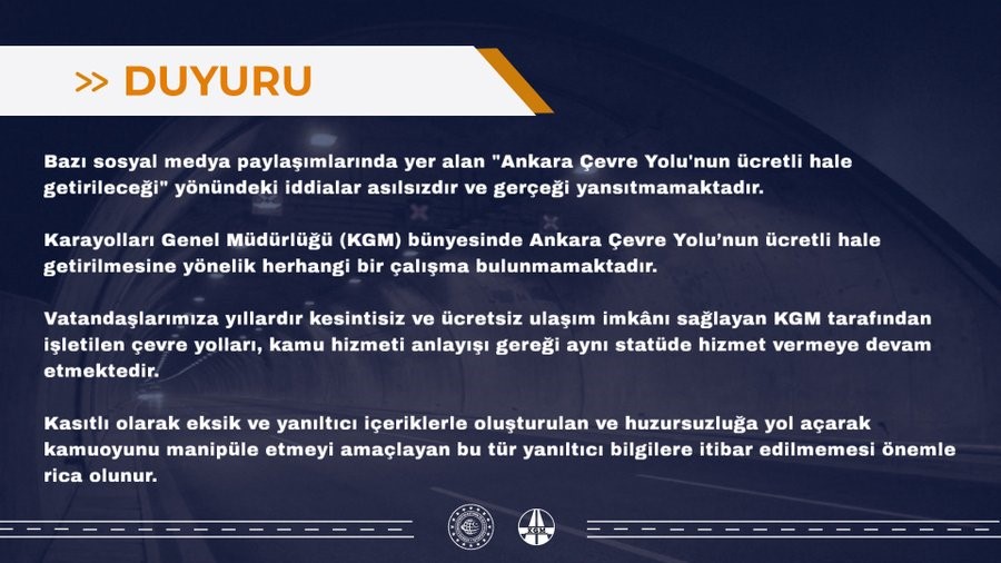 KGM’den "Ankara Çevre Yolu’nun ücretli hale getirileceği" iddialarına yalanlama
