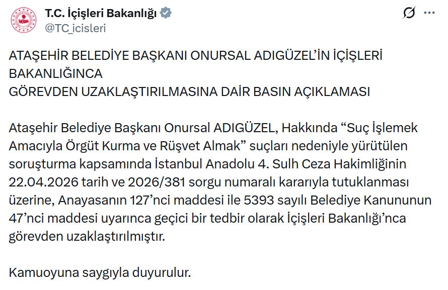 Ataşehir Belediye Başkanı Adıgüzel görevden uzaklaştırıldı