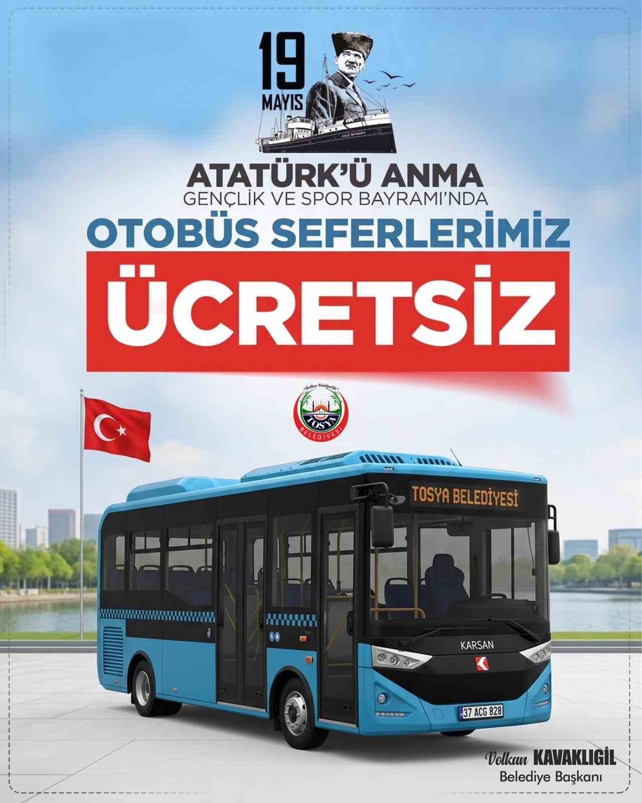 Tosya’da 19 Mayıs’ta halk otobüsleri ücretsiz olacak
