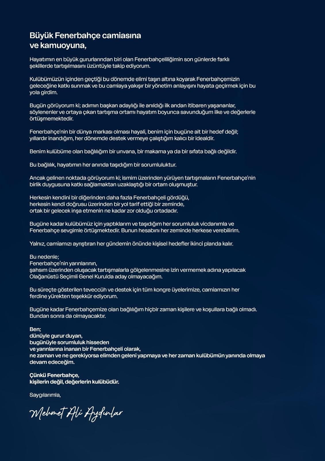 Mehmet Ali Aydınlar, olağanüstü seçimli genel kurulda Fenerbahçe başkanlığına aday olmayacağını açıkladı