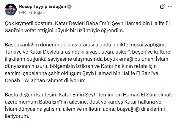 Cumhurbaşkanı Erdoğan'dan Katar eski Emiri Hamed bin Halife Al Sani için taziye mesajı